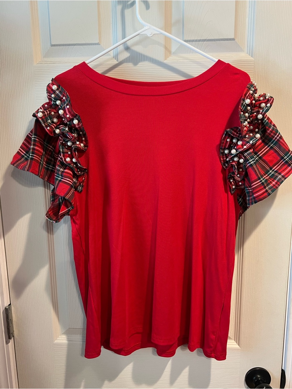 Unk Red Plaid Ruffle Sleeve Tee with Pearl Accents